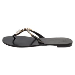 Giuseppe Zanotti Black Leather Jewel Embellished Thong Flat Sandals Size 38