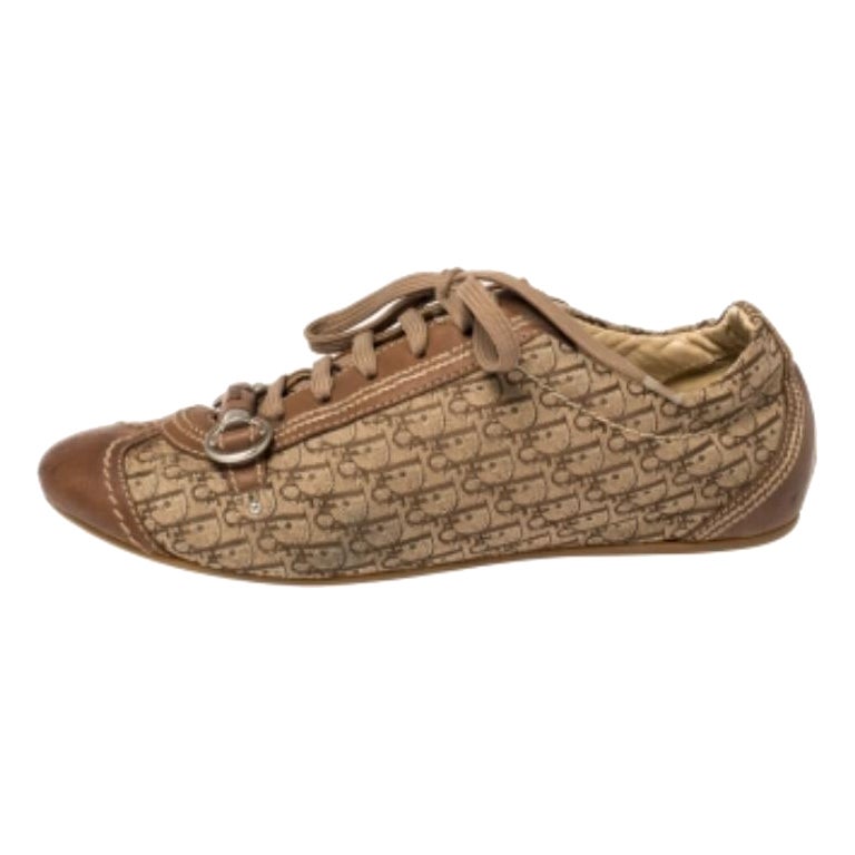 Dior Brown Leather and Diorissimo Canvas Low Top Sneakers Size 37 For Sale