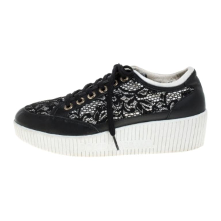Dolce & Gabbana Black Leather/Lace, and Fabric Wedge Sneakers Size 38.5 For Sale