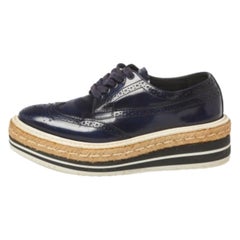 Prada Blue Brogue Leather Derby Lace Up Espadrille Sneakers Size 35.5