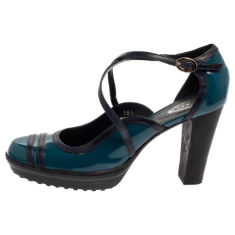 Tod's Blue Patent Leather Ankle Strap Platform Pumps Size 39.5 For Sale
