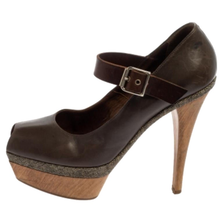 Marni Grey Leather Mary Jane Peep Toe Platform Pumps Size 39 For Sale