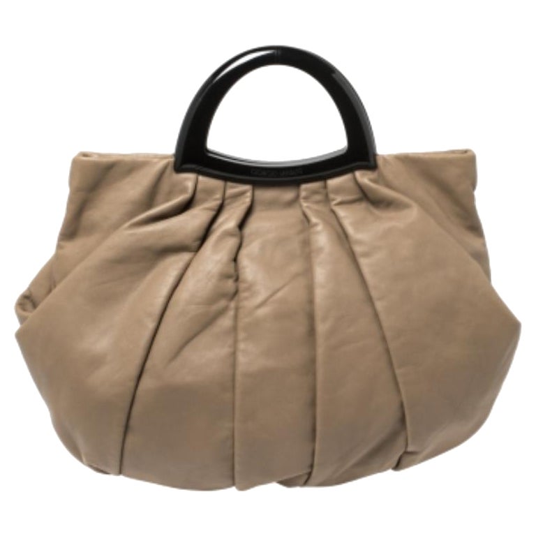 Giorgio Armani Taupe Leather Pleated Top Handle Bag For Sale