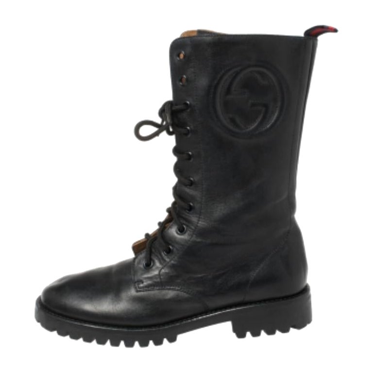Gucci - Bottes de combat en cuir bleu marine profond, taille 35 en vente