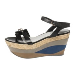Sergio Rossi Black Leather Wedge Espadrille Ankle Strap Sandals Size 40