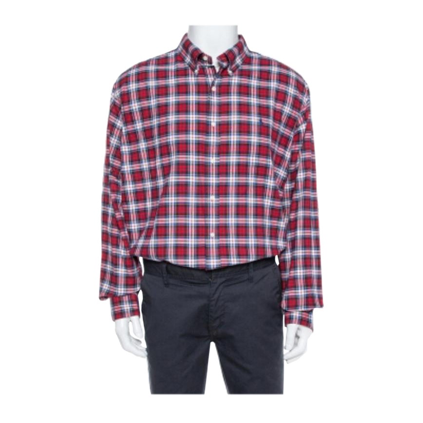 Ralph Lauren Red & Navy Blue Cotton Tartan Check Button Front Shirt XXL For Sale