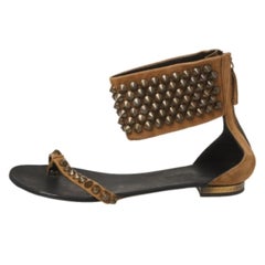 Giuseppe Zanotti Brown Suede Leather Studded Toe Ring Sandals Size 38.5