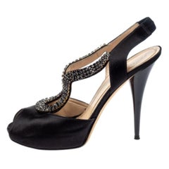 Fendi Black Satin Crystal Embellished Slingback Platform Sandals Size 39