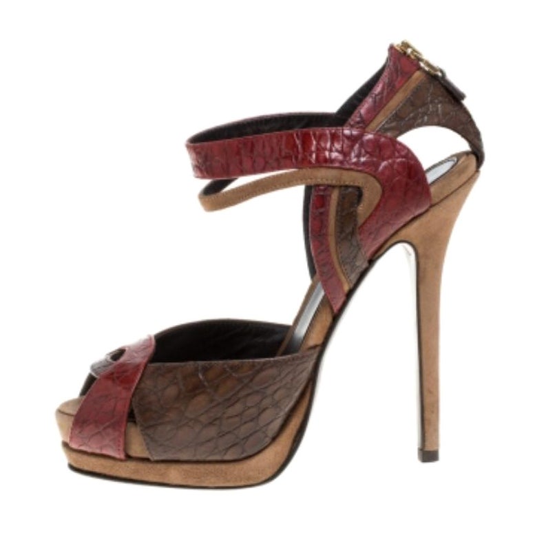 Fendi Multicolor Croc Embossed Leather Platform Sandals Size 38 For Sale