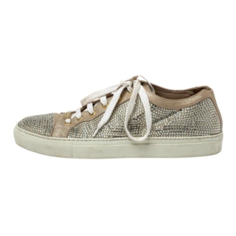 Le Silla Metallic Beige Crystal Embellished Suede Low Top Sneakers Size 41 For Sale