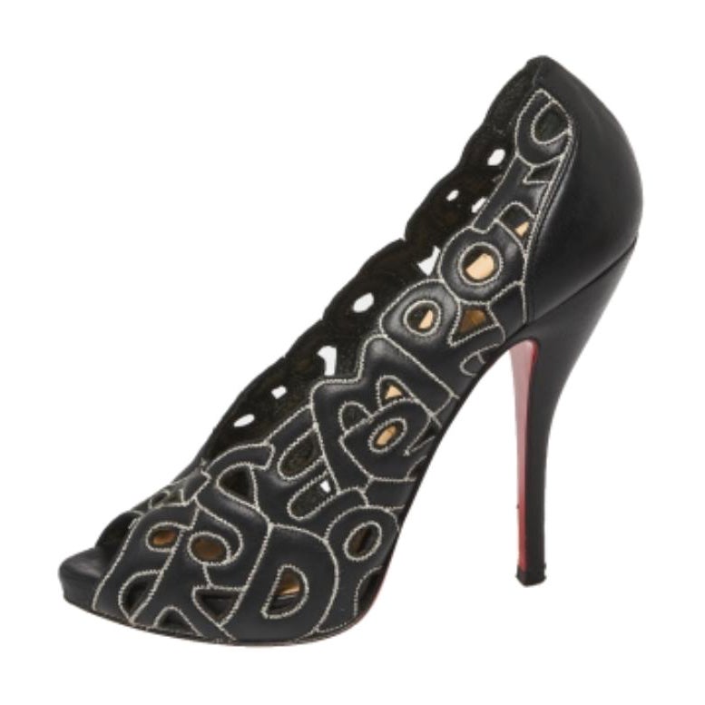 Christian Louboutin Black Letter Leather Tell Me Cutout Pumps Size 36 For Sale