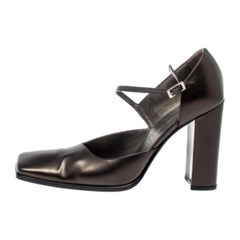 Sergio Rossi Dark Grey Leather Ankle Strap Square Toe Pumps Size 37.5