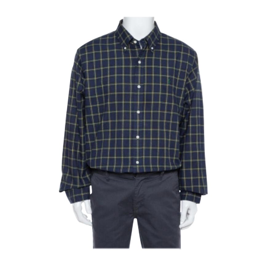 Ralph Lauren Navy Blue Plaid Cotton Long Sleeve Button Front Shirt XXL For Sale