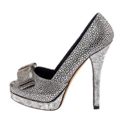 Fendi Silver Textured Fabric Bow Peep Toe Pumps Size 37