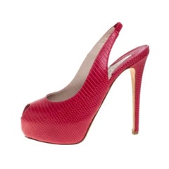Le Silla Red Lizard Embossed Leather Slingback Platform Sandals Size 39