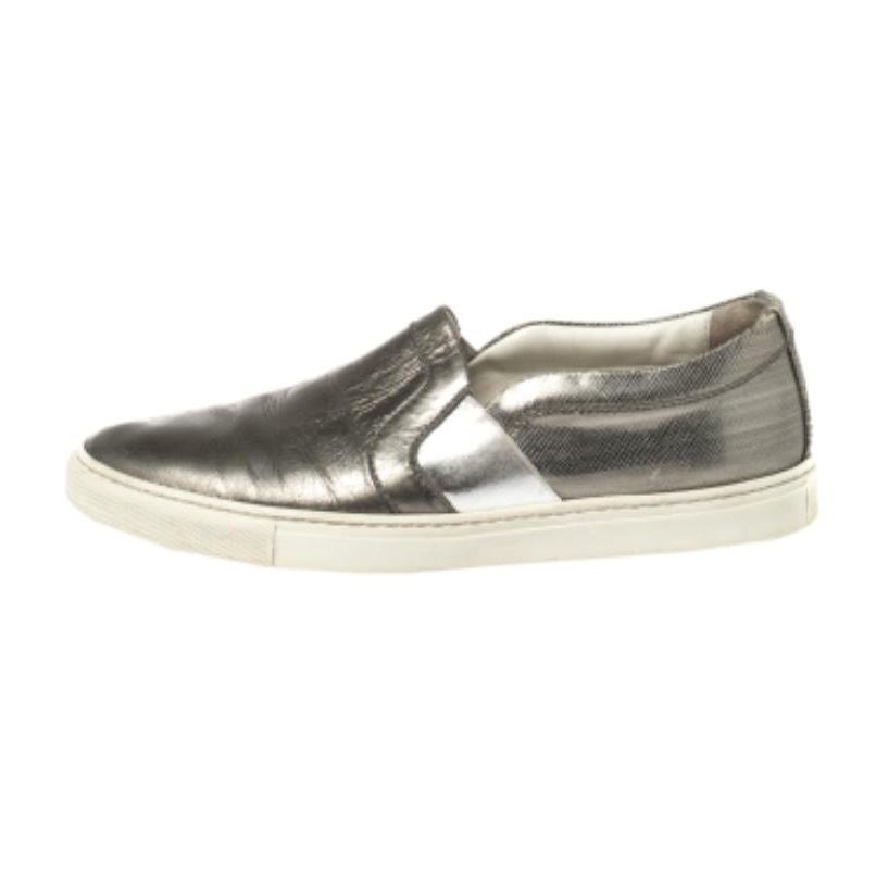 Lanvin Metallic Grey Leather Slip On Sneakers Size 37 For Sale