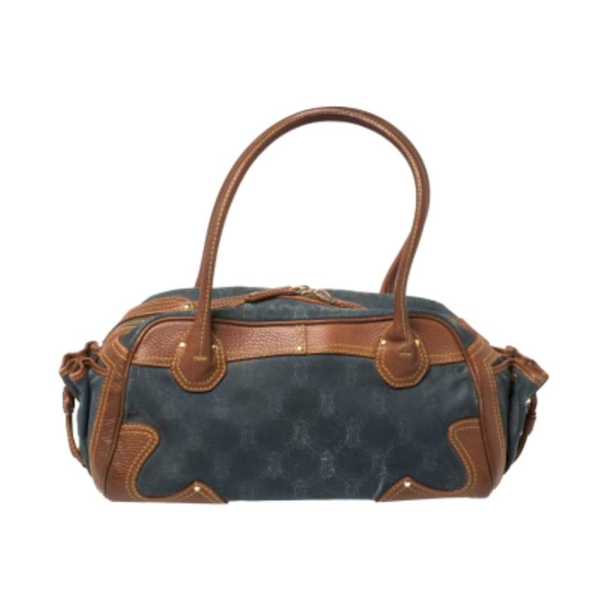 Celine Blue/Brown Macadam Denim and Leather Drawstring Pocket Satchel For Sale