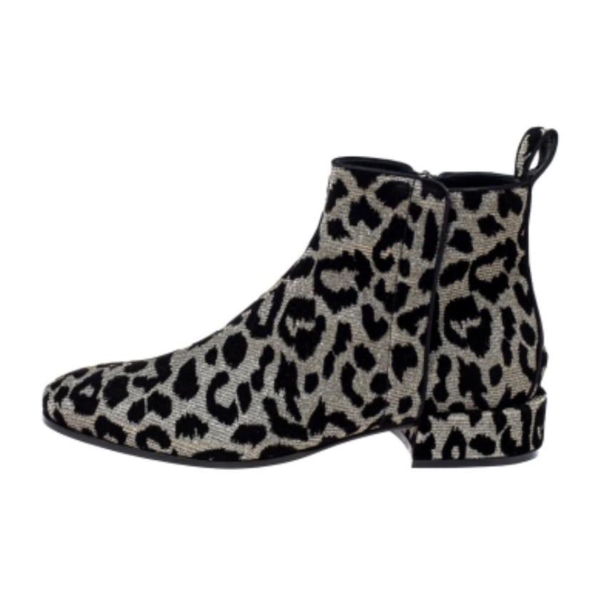 Dolce & Gabbana Black/Silver  Animal Print Lurex and Velvet Ankle Boots Size 36 For Sale
