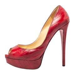 Christian Louboutin Red Eel Leather Lady Peep Toe Platform Pumps Size 39
