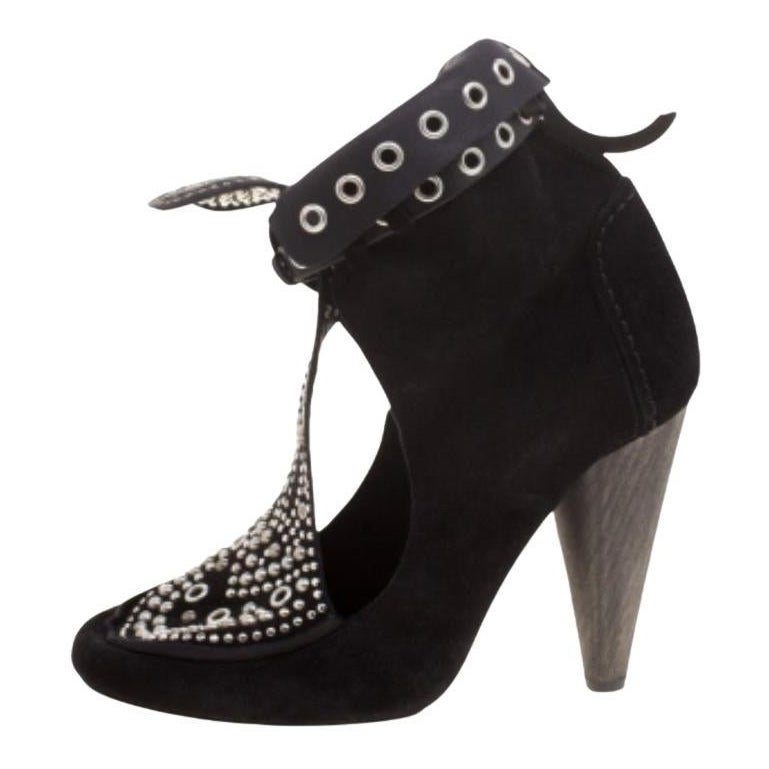 Isabel Marant Black Suede Mossa Studded Cutout Ankle Boots Size 36 For Sale
