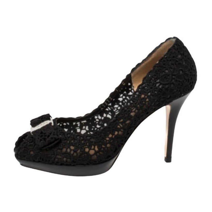Salvatore Ferragamo Black Bonita Lace Peep Toe Pumps Size 37.5 For Sale