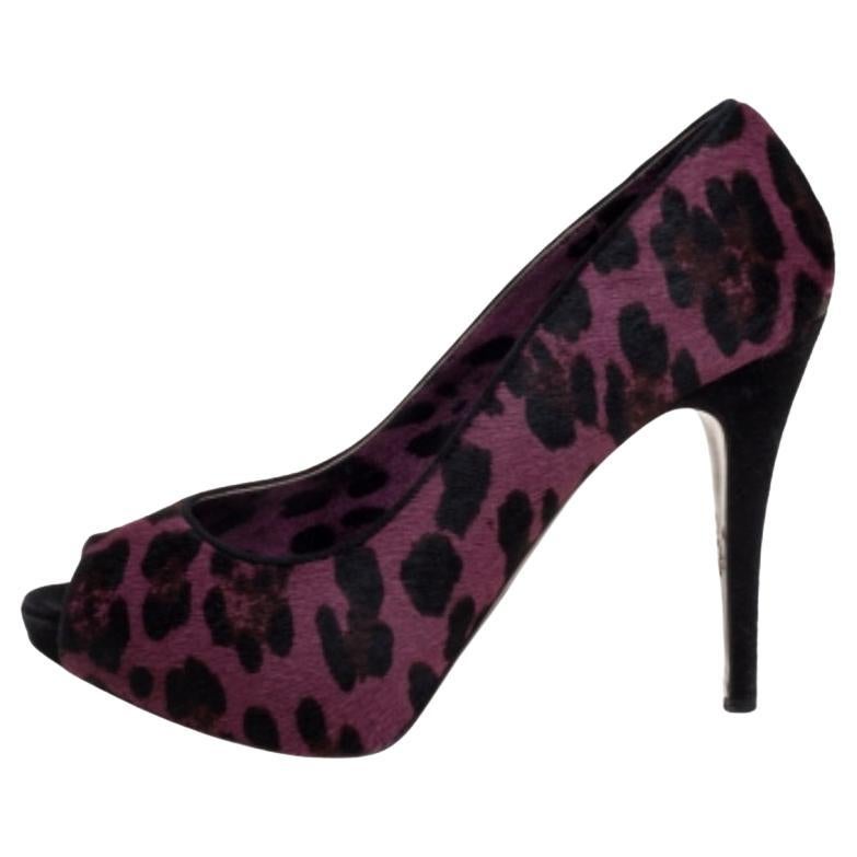 Dolce & Gabbana Purple Calf hair And Suede Leopard Print Peep Toe Pumps Size 40 For Sale