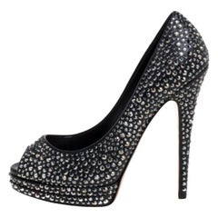 Casadei Black Leather Swarovski Crystal Embellished Peep Toe Pumps Size 37