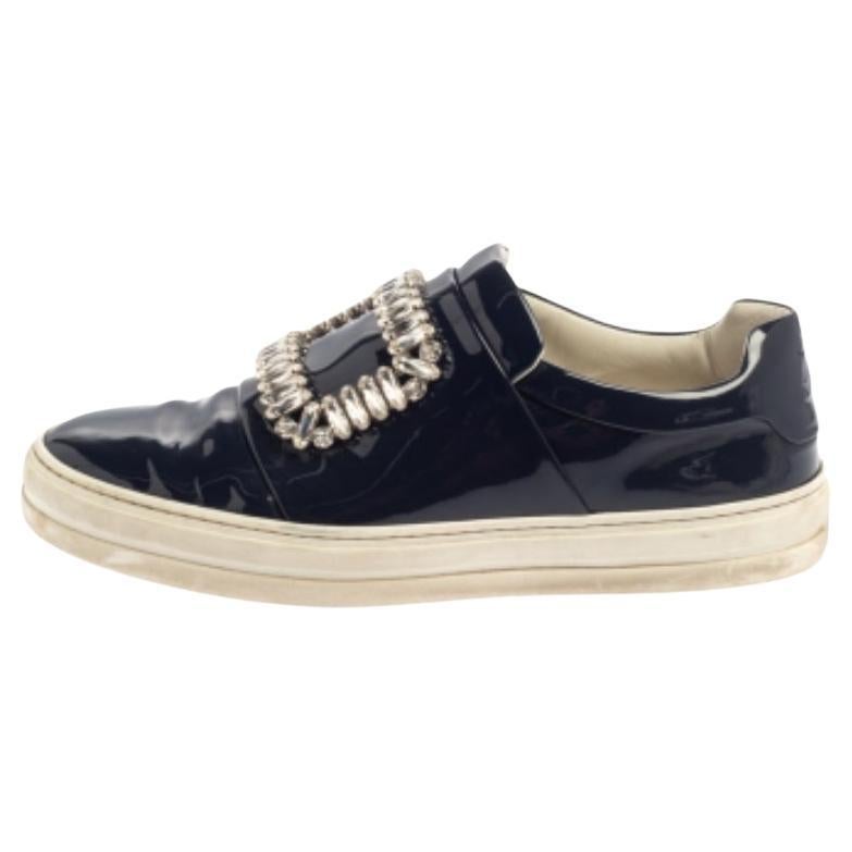 Rger Vivier Blue Patent Leather Sneaky Viv Embellished Low Top Sneakers Size 35 For Sale