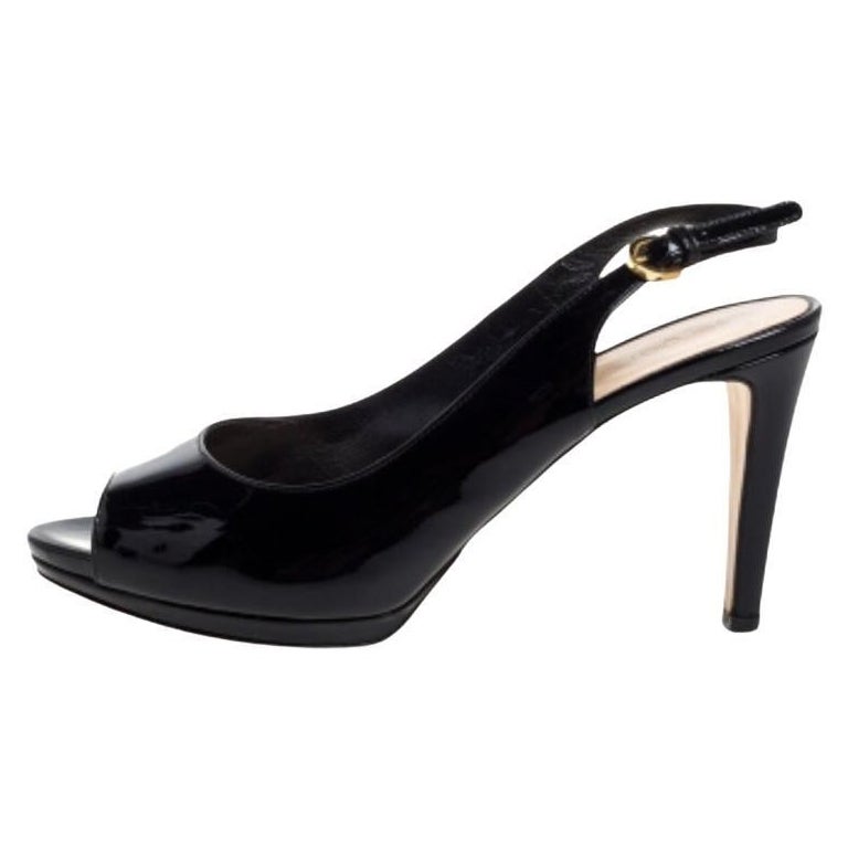 Sergio Rossi Black Patent Leather Peep Toe Slingback Sandals Size 37 For Sale