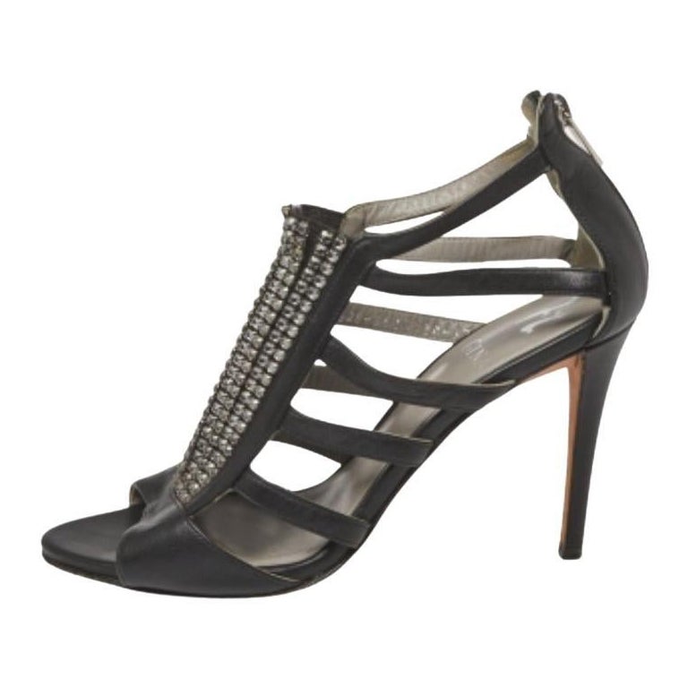 Gina Black Leather Crystal Embellished Sandals Size 37.5 For Sale