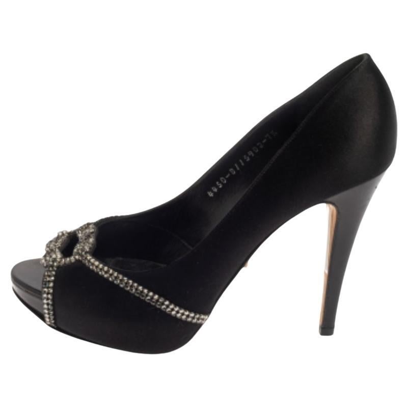 Gina Black Satin Crystal Embellished Platform Peep Toe Pumps Size 40.5 For Sale