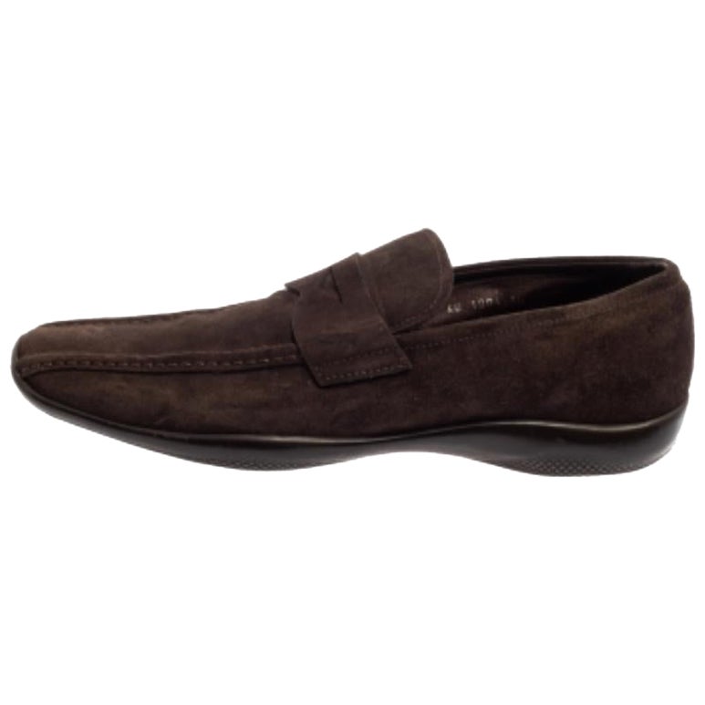 Prada Brown Suede Penny Loafers Size 44 For Sale
