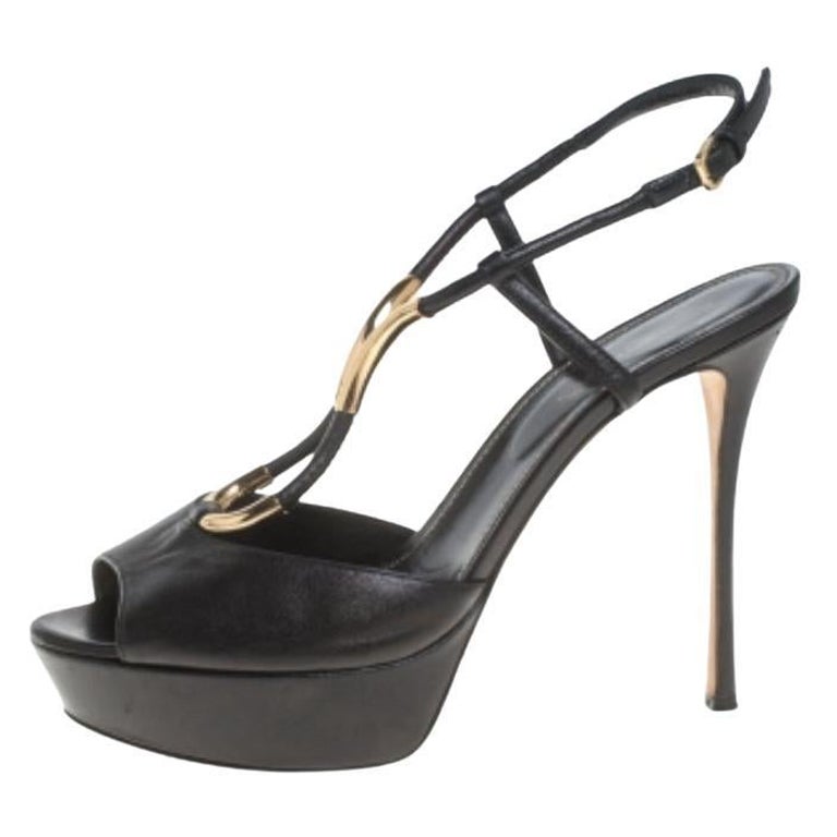 Sergio Rossi Black Leather Ankle Strap Platform Sandals Size 37 For Sale