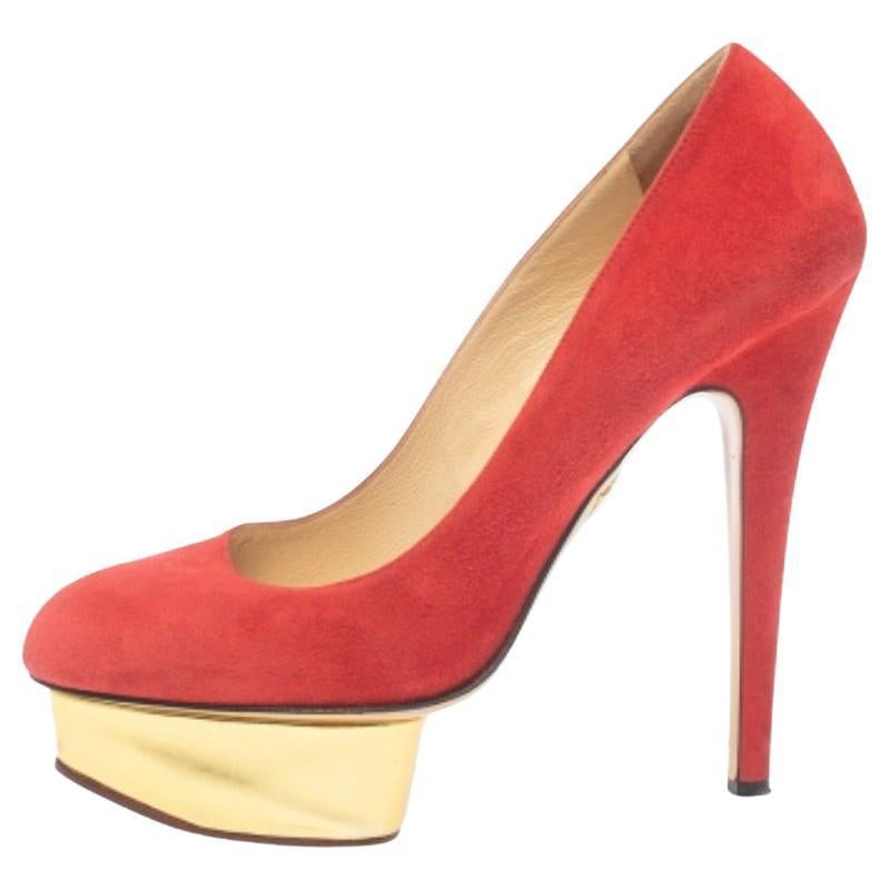 Charlotte Olympia Red Suede Leather Dolly Platform Pumps Size 37.5 For Sale