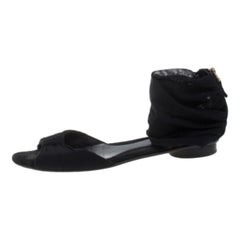 Fendi Black Mesh and Suede Bow Open Toe Flat Sandals Size 38.5