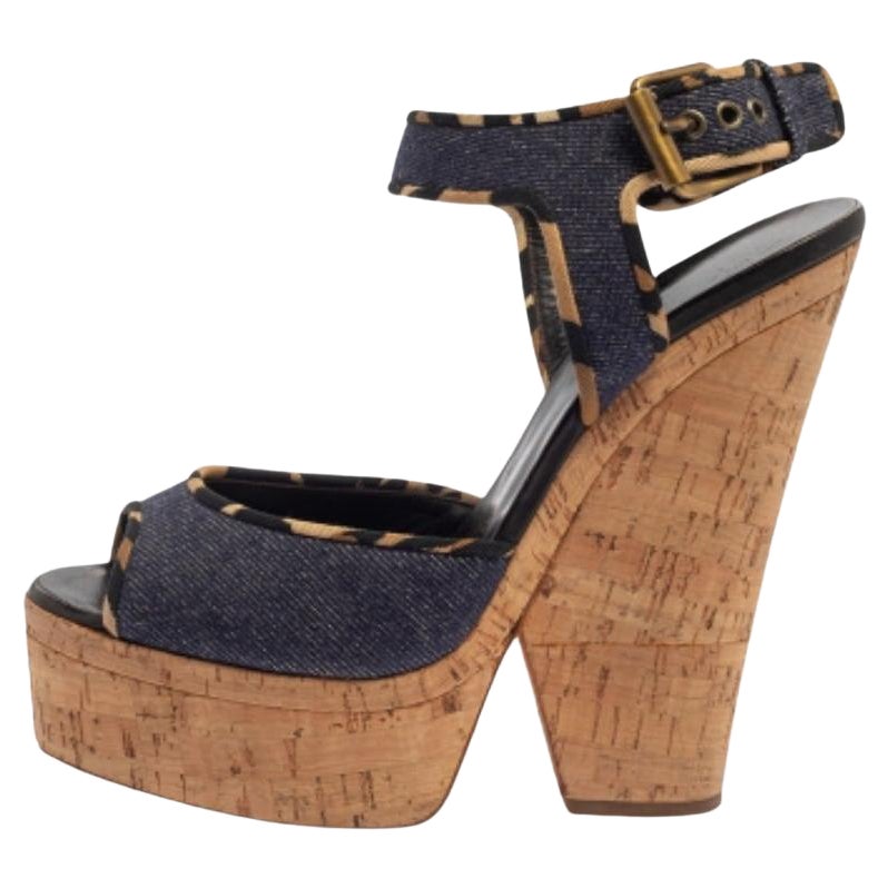 Giuseppe Zanotti Dark Wash Denim Cork Heel Platform Wedge Sandals Size 39 For Sale