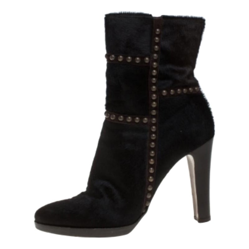 Le Silla Brown Calf Hair Studded Studded Ankle Boots Size 37 For Sale
