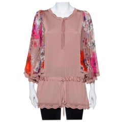 Roberto Cavalli Blush Pink Wool Floral Print Sleeve Detail Drop Waist Tunic S