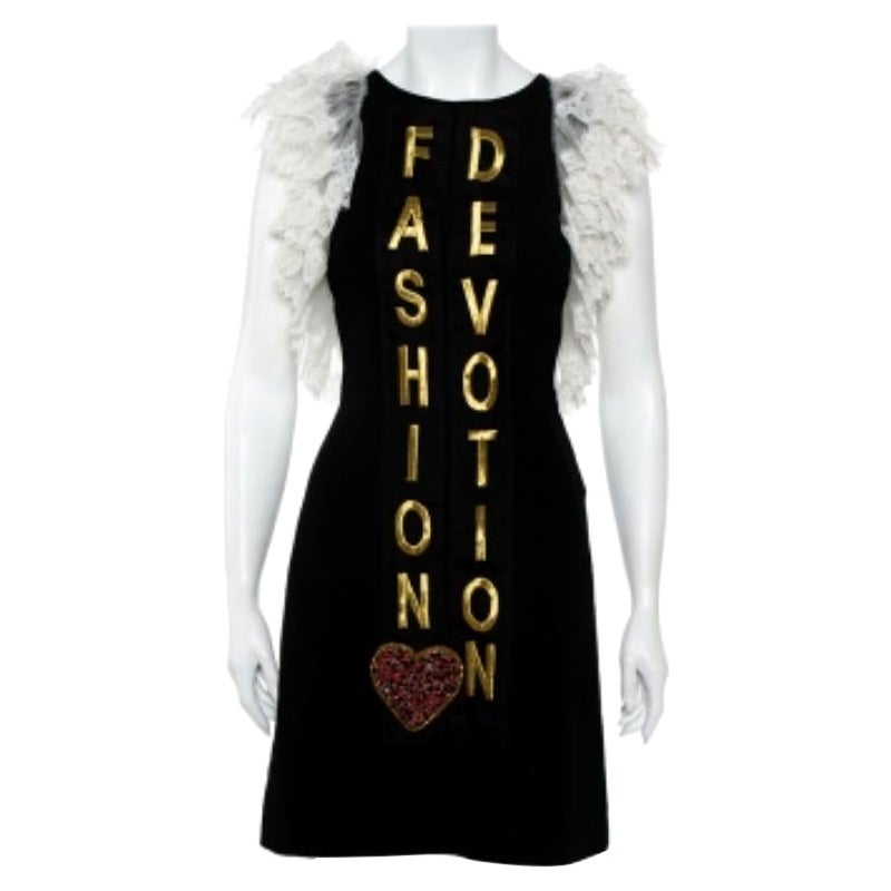 Dolce & Gabbana Black Crepe Lace Detail Fashion Devotion Dress XS For Sale