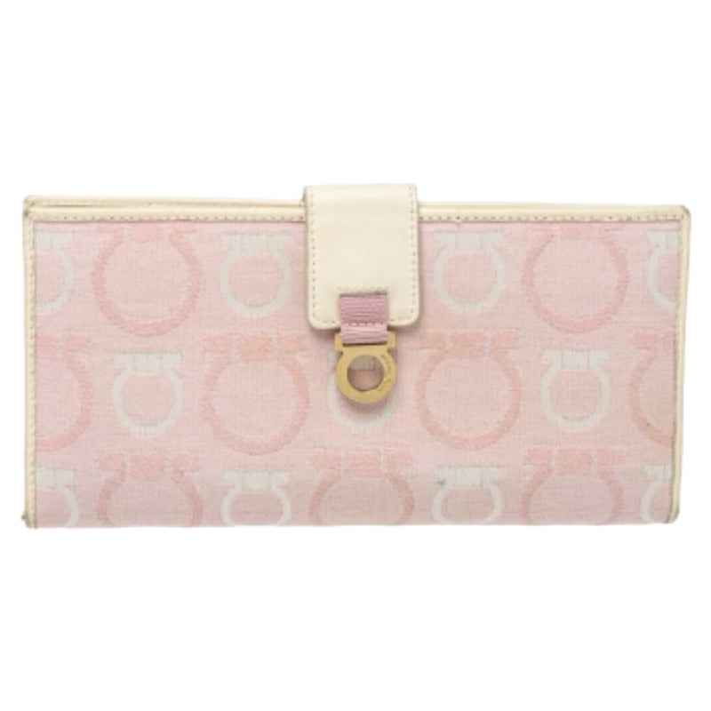 Salvatore Ferragamo Pink/Cream Gancini Canvas and Leather Wallet For Sale