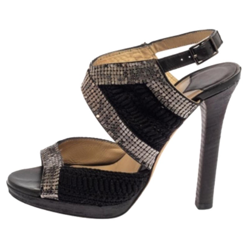Jimmy Choo Black Crochet Fabric Embellished Slingback Sandals Size 37 For Sale