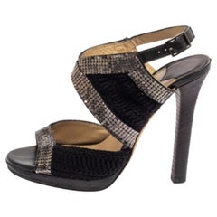Jimmy Choo Black Crochet Fabric Embellished Slingback Sandals Size 37