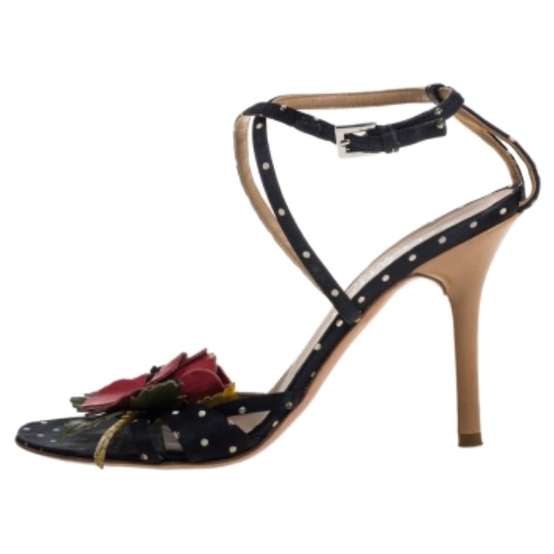 Valentino Black Satin Polka Dot Floral Embellished Ankle Strap Sandals Size 36 For Sale