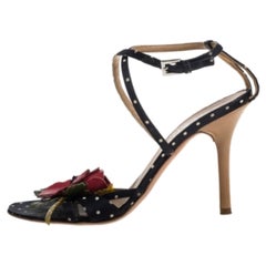 Valentino Black Satin Polka Dot Floral Embellished Ankle Strap Sandals Size 36