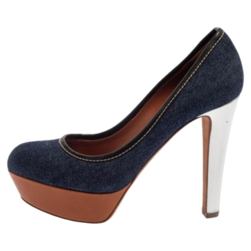 Sergio Rossi Blue Denim And Leather Platform Pumps Size 38.5 For Sale