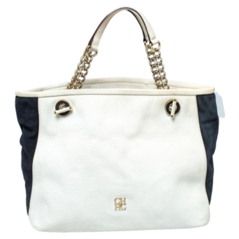 Carolina Herrera White/Blue Textured Leather And Suede Tote For Sale