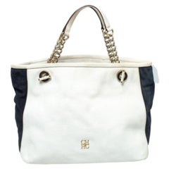 Carolina Herrera White/Blue Textured Leather And Suede Tote