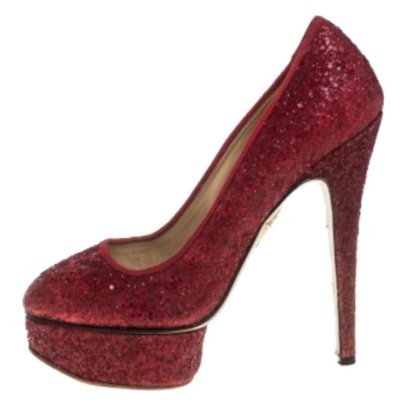 Charlotte Olympia Red Glitter Priscilla Platform Pumps Size 38.5 For Sale