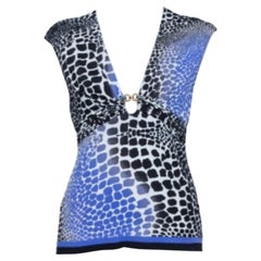 Roberto Cavalli Blue & Black Knit Animal Print Plunge Neck Top M