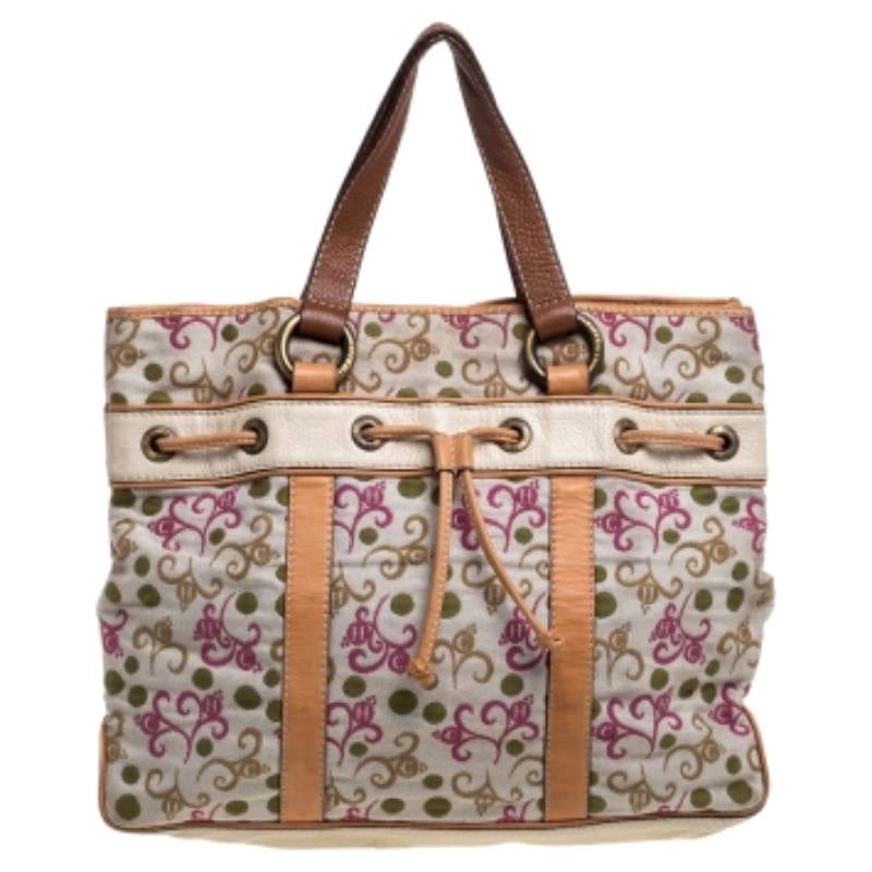 CH Carolina Herrera Multicolor Embroidered Fabric and Leather Trim Tote For Sale